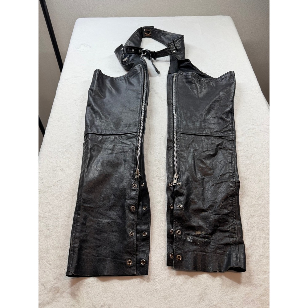Jafrum Motorcycle Chaps Mens Medium Black Good Leather Belted Side Zip Biker